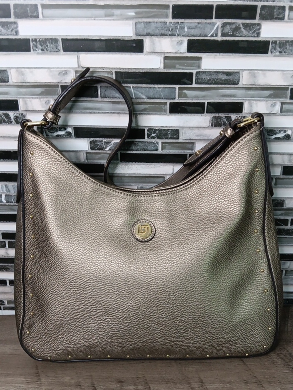 Liz Claiborne Gold Pebbled Leather Studded Hobo Bucket Purse